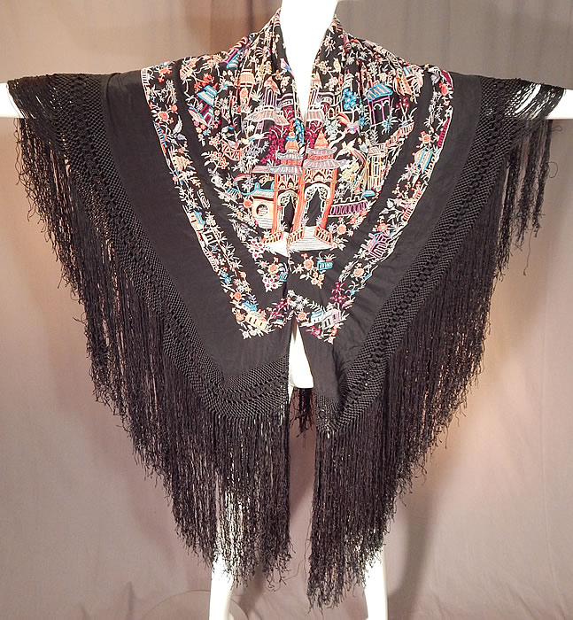 Antique Colorful Heavily Embroidered Chinese Temple Shrine Bird Canton Piano Shawl
It is made of a black silk fabric background, with colorful silk raised padded satin stitch hand embroidery work. 