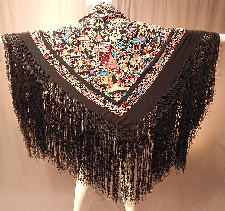 Antique Colorful Heavily Embroidered Chinese Temple Shrine Bird Canton Piano Shawl
There is a heavily densely embroidered Chinese village scene design with a variety of buildings, pagoda temples, shrines, birds and flowers completely covering the shawl. 