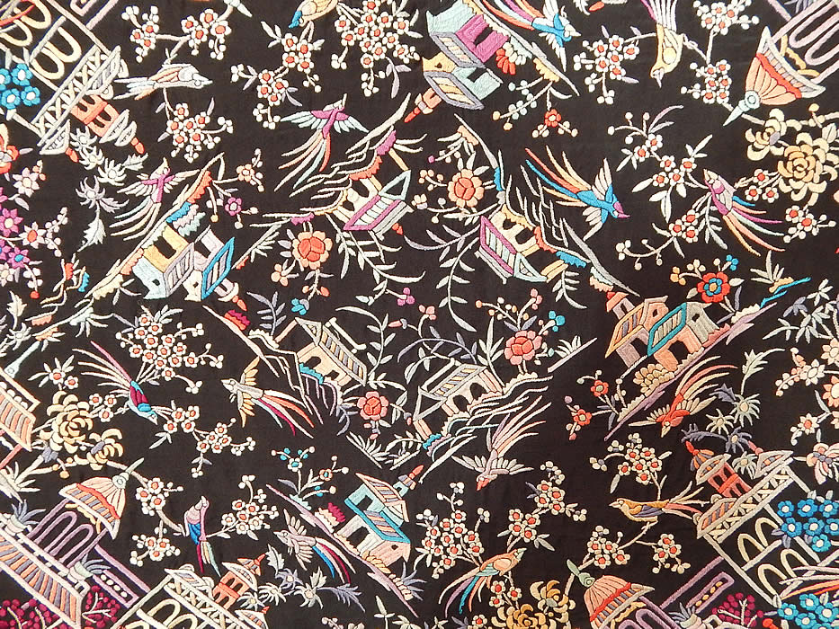 Antique Colorful Heavily Embroidered Chinese Temple Shrine Bird Canton Piano Shawl
The shawls fabric square measures 46 by 46 inches. 