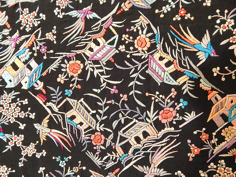 Antique Colorful Heavily Embroidered Chinese Temple Shrine Bird Canton Piano Shawl
This magnificent quality made Manton Canton Chinese Cantonese style shawl is quite heavy weighing almost 4 pounds. It is in excellent condition. This is truly a rare, one of a kind, exceptional piece of wearable Chinese embroidered textile art!