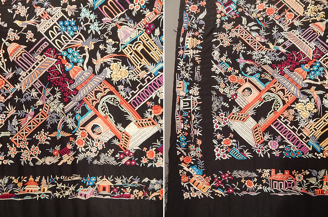 Antique Colorful Heavily Embroidered Chinese Temple Shrine Bird Canton Piano Shawl
There is a hand knotted macramé black silk fringe which measures 22 inches long surrounding the entire shawl with rounded corners. 