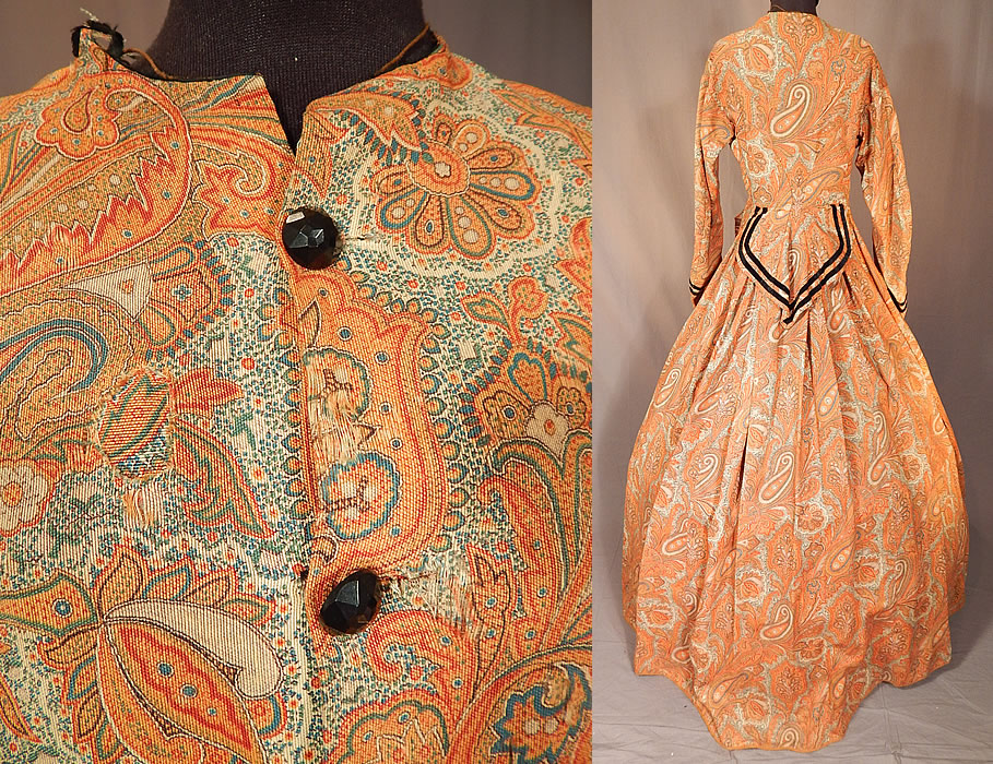 Victorian Civil War Era Paisley Wool Hoop Skirt Morning Wrapper Gown Dress
The dress measures 56 inches long, with a 36 inch bust, 28 inch waist, 21 inch long sleeves and a 16 inch back.