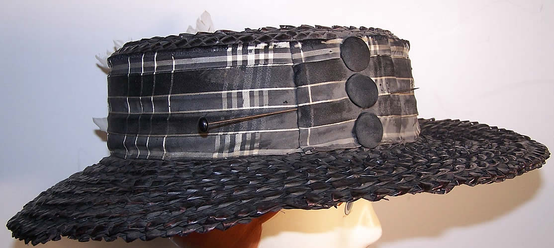 Edwardian Ladies Black Straw Sailor Boater Bicycling Hat Back View.