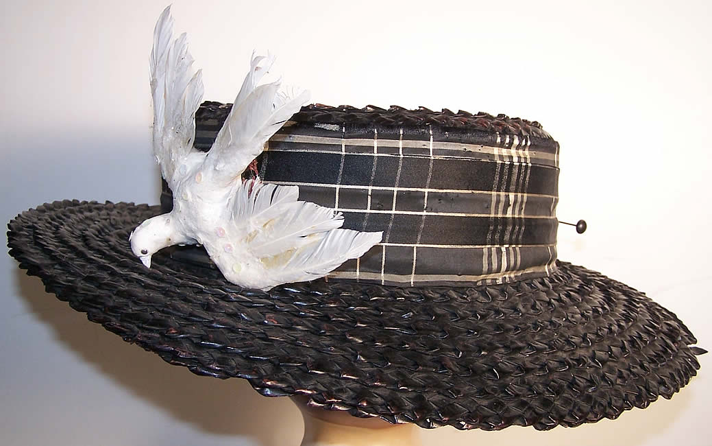  Edwardian Ladies Black Straw Sailor Boater Bicycling Hat side view.