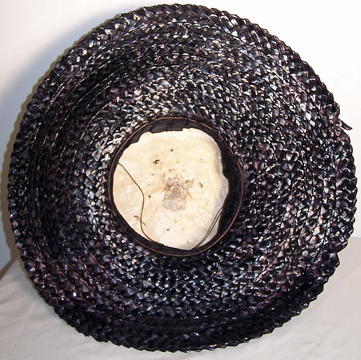 Edwardian Ladies Black Straw Sailor Boater Bicycling Hat Close up.