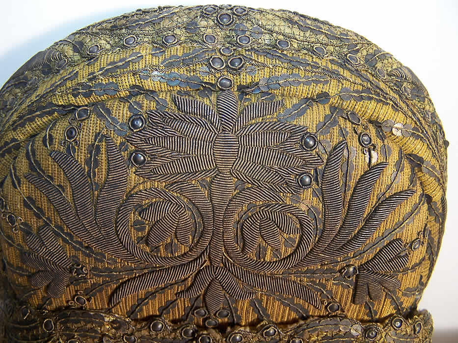 19th Century Silver Embroidered Riegelhaube Bonnet Cap Close up.