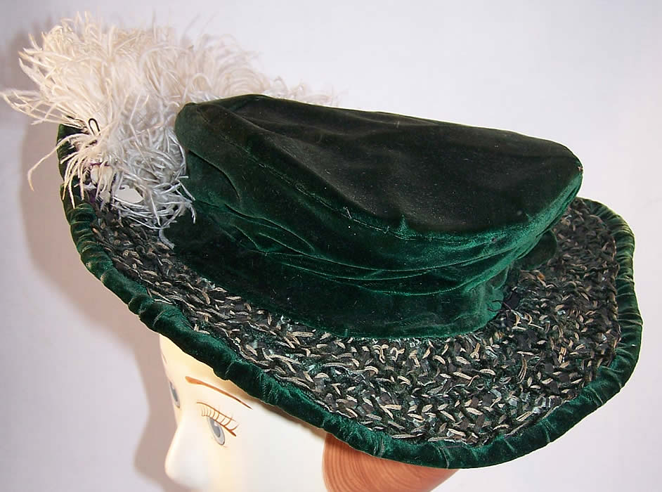 Victorian Emerald Green Velvet White Feather Brim Hat  Front view.