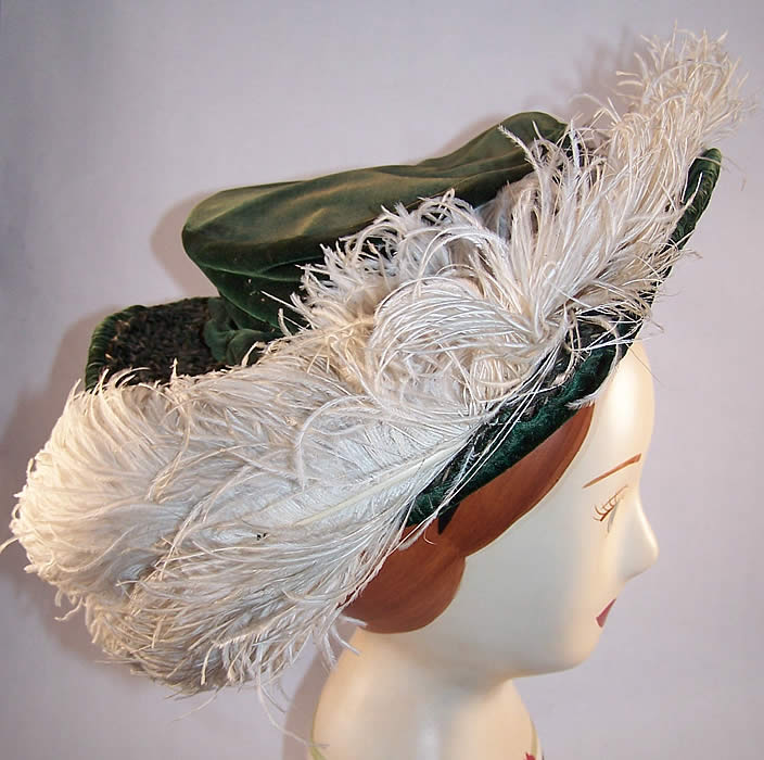 Victorian Emerald Green Velvet White Feather Brim Hat side view.