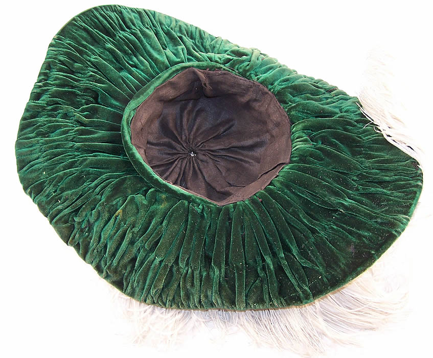 Victorian Emerald Green Velvet White Feather Brim Hat Close up.