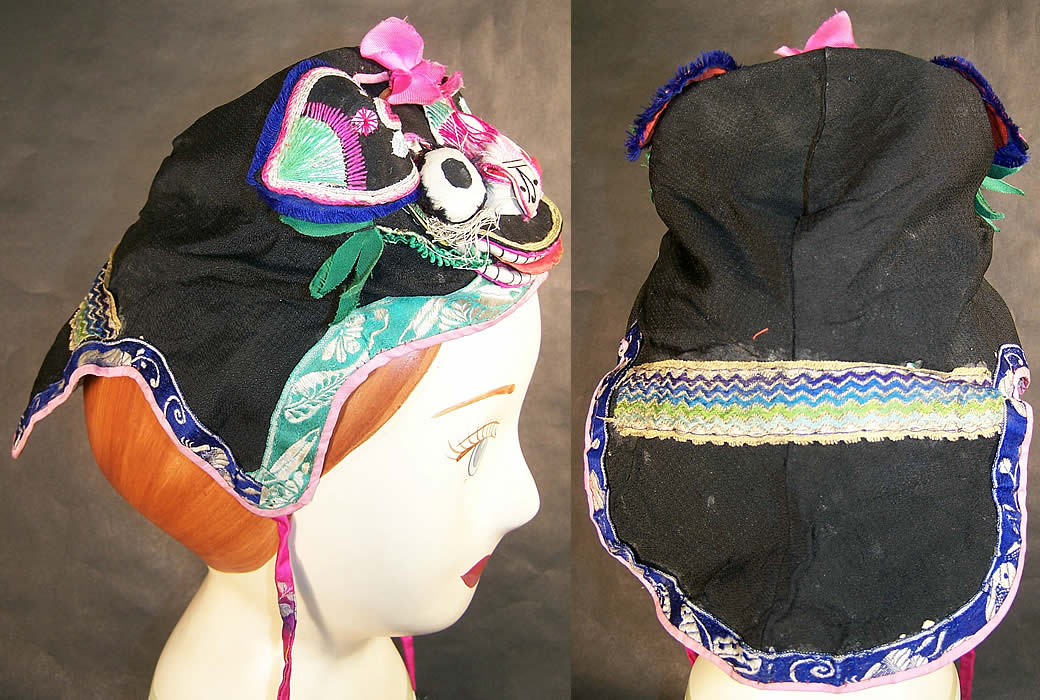 Chinese Child Infant Silk Applique Tiger Wind Hat Back View.