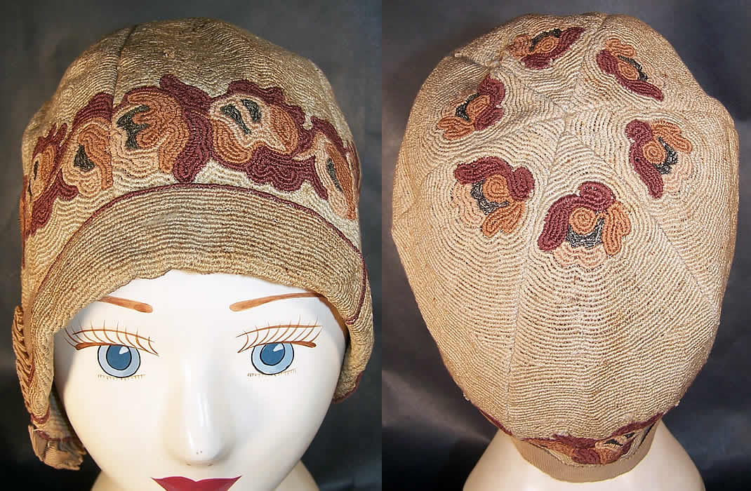Vintage Casino Hat Art Deco Embroidered Flapper Cloche Front & Back View.