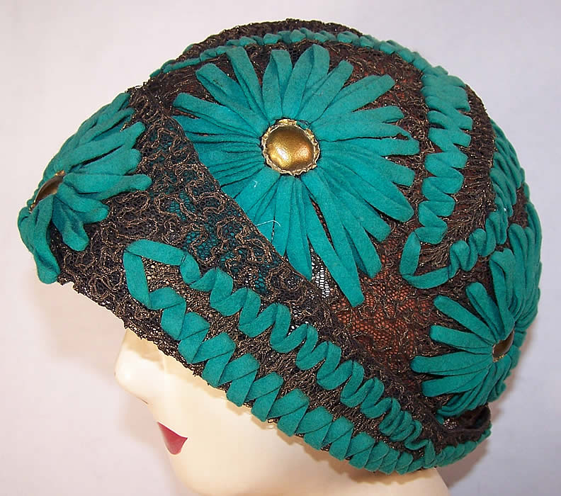 Art Deco Teal Felt Embroidered Gold Lace Flapper Cloche Hat side view.