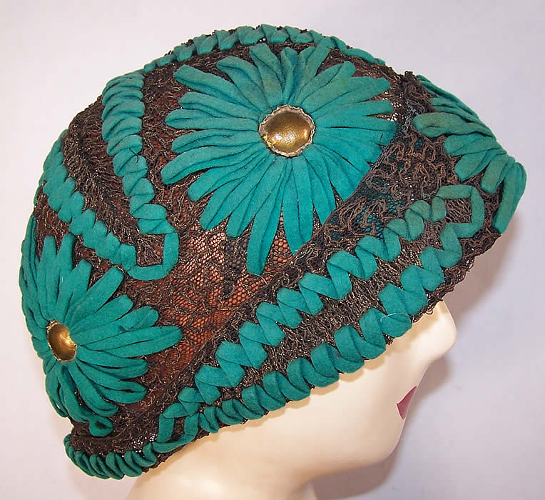 Art Deco Teal Felt Embroidered Gold Lace Flapper Cloche Hat Side View.
