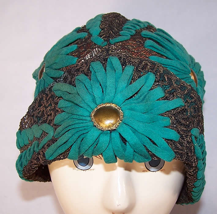 Art Deco Teal Felt Embroidered Gold Lace Flapper Cloche Hat front view.