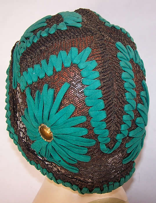 Art Deco Teal Felt Embroidered Gold Lace Flapper Cloche Hat back view