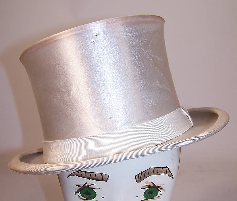 Vintage Gentlemen White Silk Satin Collapsible Crush Formal Opera Top Hat Front view.
