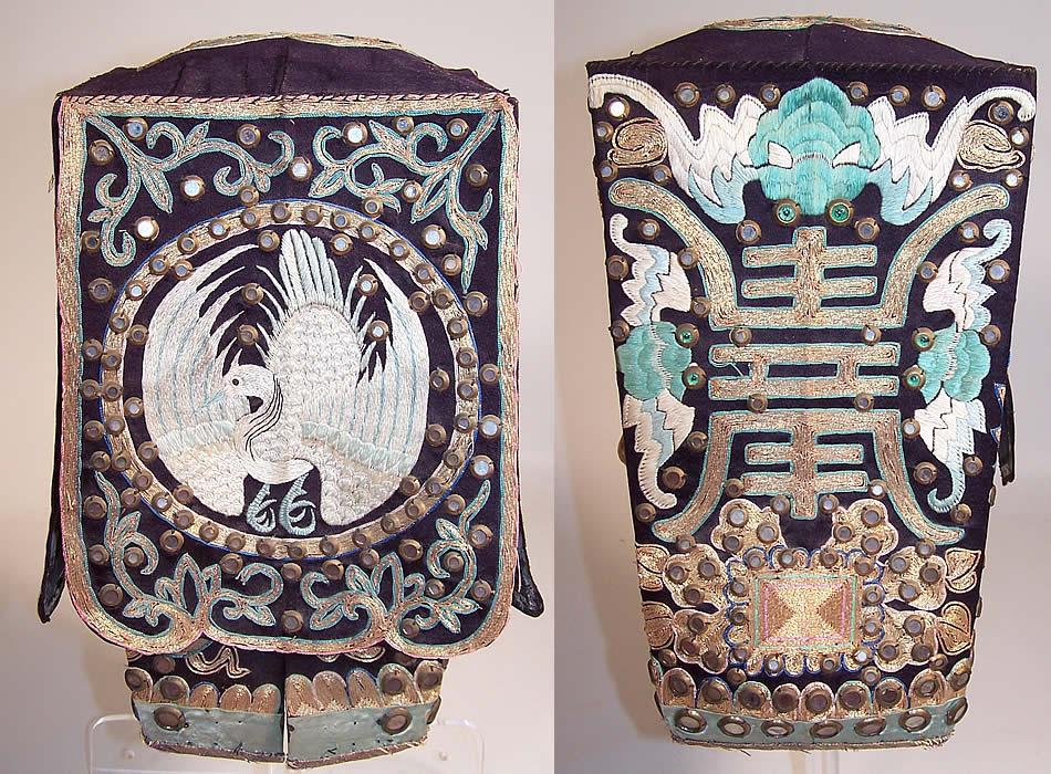 Antique Chinese Crane Bat Silk Couching Embroidery Mirror Tall Box Wedding Hat