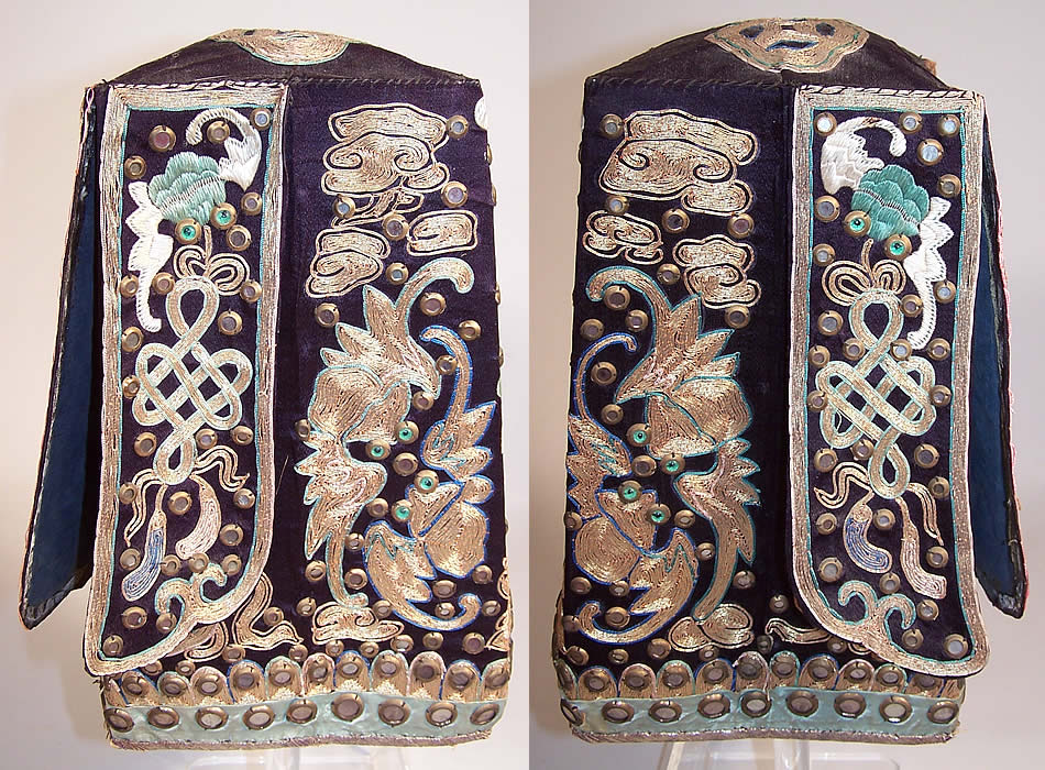 Antique Chinese Crane Bat Silk Couching Embroidery Mirror Tall Box Wedding Hat