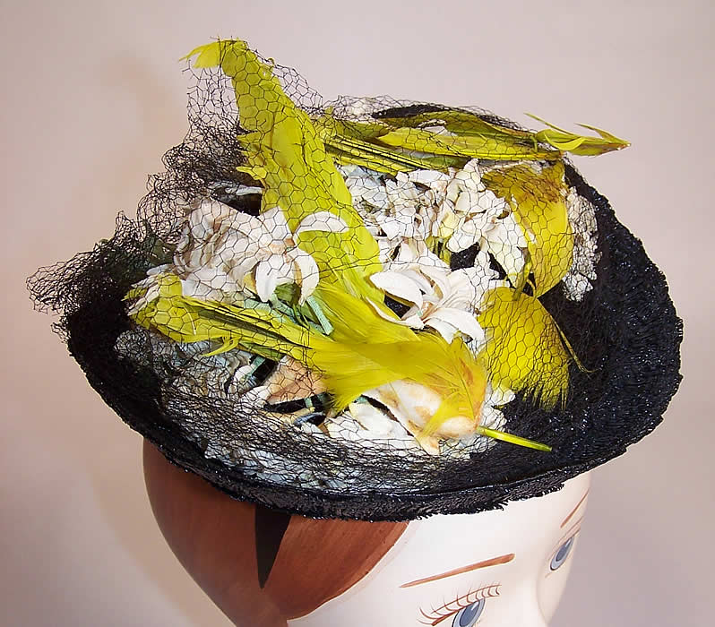 Vintage Gage Handcraft Black Straw Yellow Feather Floral Cocktail Tilt Hat Fascinator side view.