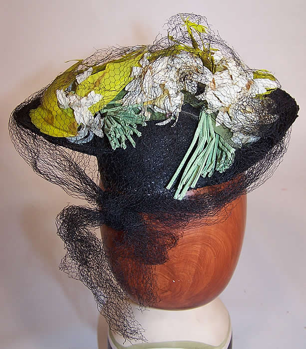 Vintage Gage Handcraft Black Straw Yellow Feather Floral Cocktail Tilt Hat Fascinator back view