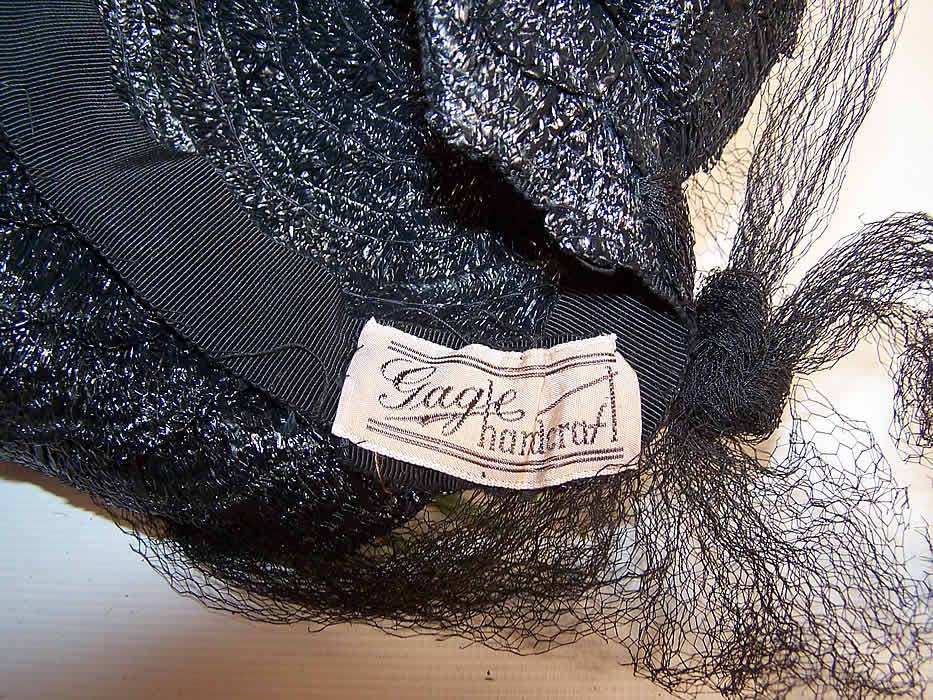 Vintage Gage Handcraft Black Straw Yellow Feather Floral Cocktail Tilt Hat Fascinator label close up.