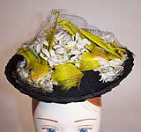 Vintage 1940s Gage Handcraft Black Straw Yellow Feather Floral Cocktail Tilt Hat Fascinator