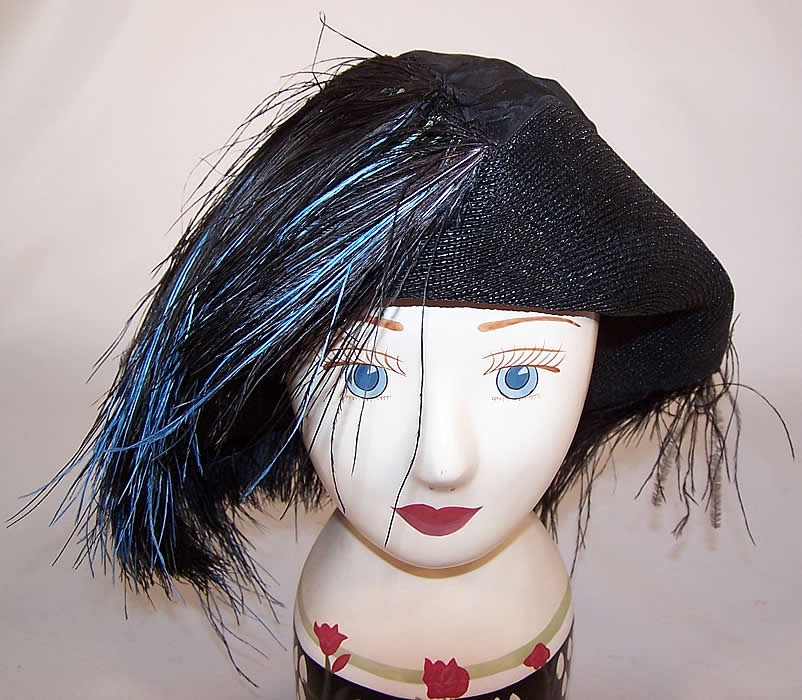 Vintage Kibel Hats Black Silk Straw Blue Feather Trim Tricorn Flapper Hat 