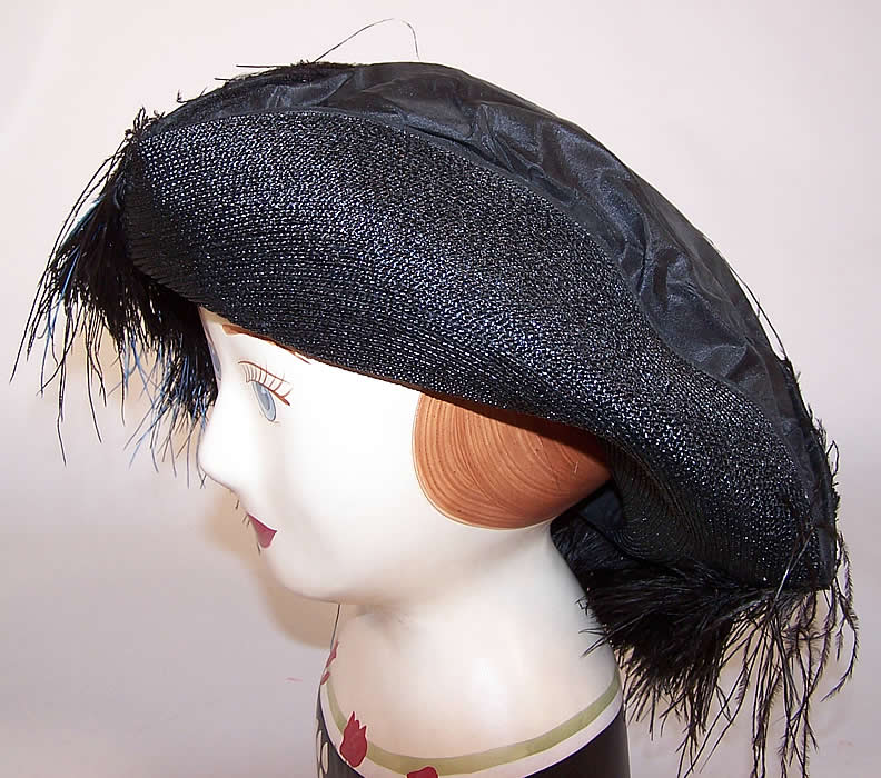 Vintage Kibel Hats Black Silk Straw Blue Feather Trim Tricorn Flapper Hat  side view.