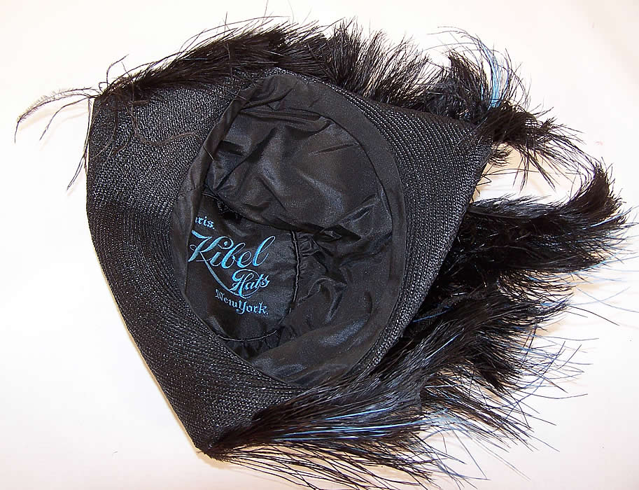 Vintage Kibel Hats Black Silk Straw Blue Feather Trim Tricorn Flapper Hat inside
