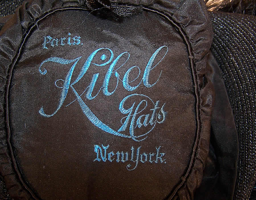 Vintage Kibel Hats Black Silk Straw Blue Feather Trim Tricorn Flapper Hat label close up.