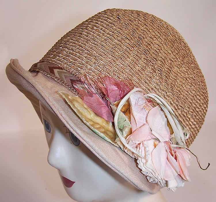 Vintage Natural Straw Pink Linen Brim Silk Flower Flapper Cloche Hat