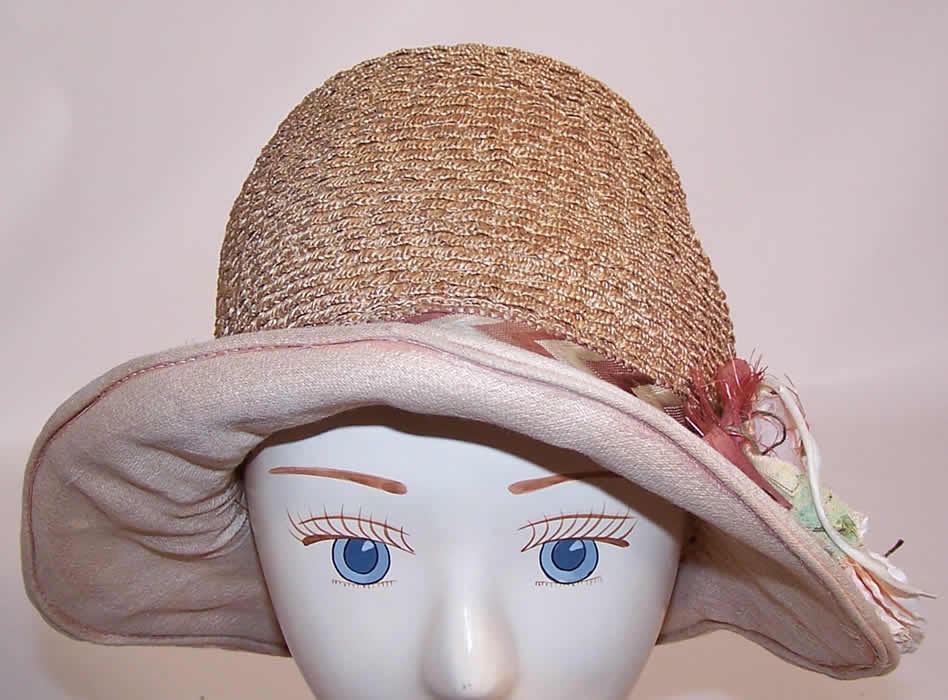 Vintage Natural Straw Pink Linen Brim Silk Flower Flapper Cloche Hat