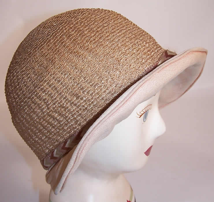 Vintage Natural Straw Pink Linen Brim Silk Flower Flapper Cloche Hat