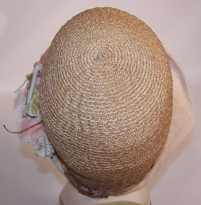 Vintage Natural Straw Pink Linen Brim Silk Flower Flapper Cloche Hat