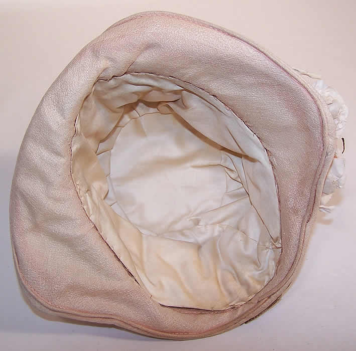 Vintage Natural Straw Pink Linen Brim Silk Flower Flapper Cloche Hat