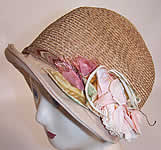 Vintage 1920s Natural Straw Pink Linen Brim Silk Flower Flapper Cloche Hat