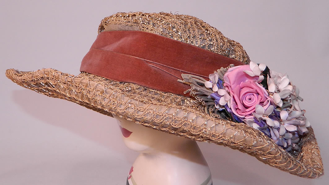 Edwardian Titanic Belle Epoque Woven Natural Straw Silk Flower Wide Brim Hat. This beautiful Belle Epoque summer straw hat has a large round wide brim and crown. 