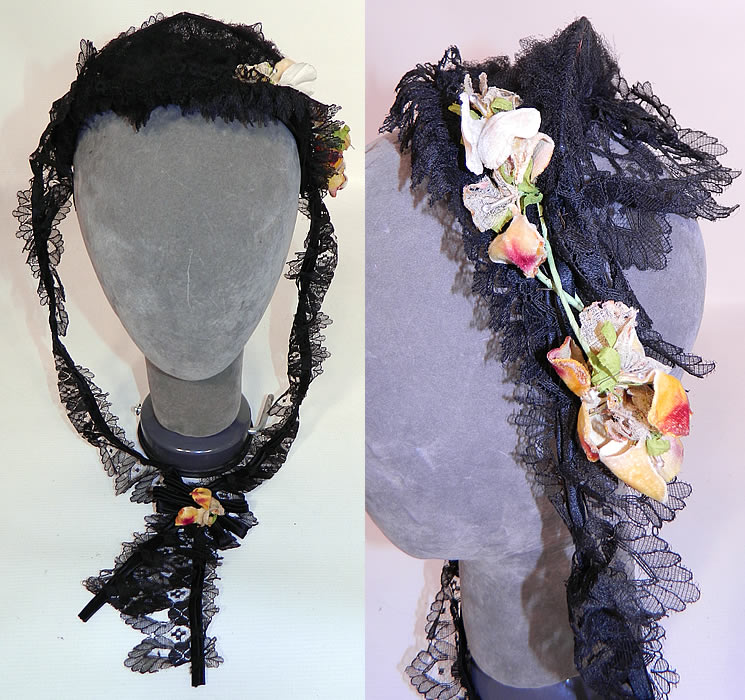 Victorian Civil War Era Black Chantilly Lace Floral Trim  Fanchon Bonnet Headdress. This antique Victorian Civil War era black chantilly lace floral trim fanchon bonnet headdress dates from the 1860s.