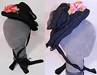 Victorian Antique Black Silk Crepe Pink Flower Trim Mourning Bonnet Hat 