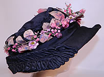 Vintage Edwardian Black Silk & Natural Straw Floral Garland Trim Wide Brim Hat 