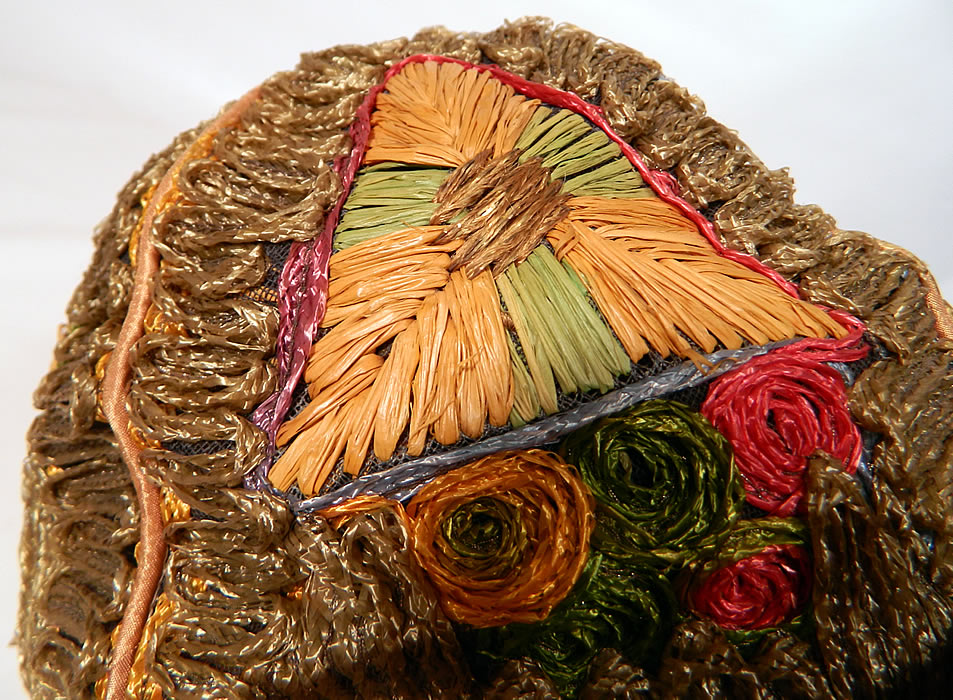 Vintage Colorful Straw Raffia Ribbon Work Embroidered Flapper Cloche Hat. This is truly a wonderful piece of wearable millinery art!