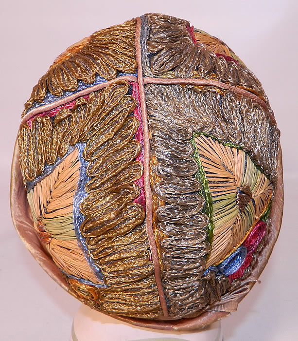 Vintage Colorful Straw Raffia Ribbon Work Embroidered Flapper Cloche Hat. 