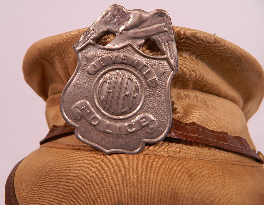 Vintage Childrens Juvenile Police Chief Toy Tin Badge Cap Hat & Motorcycle Goggles
The hat measures 19 inches inside crown circumference. 