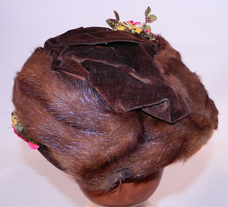 Titanic Edwardian Brown Velvet Mink Fur Floral Trim Toque Traveling Winter Hat
This is truly a quality made & dramatic grand ladies Titanic era hat!