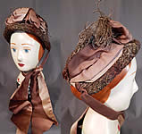 Victorian Ombre Taupe Mohair Chenille Silk Bow Feather Trim Bonnet Hat
