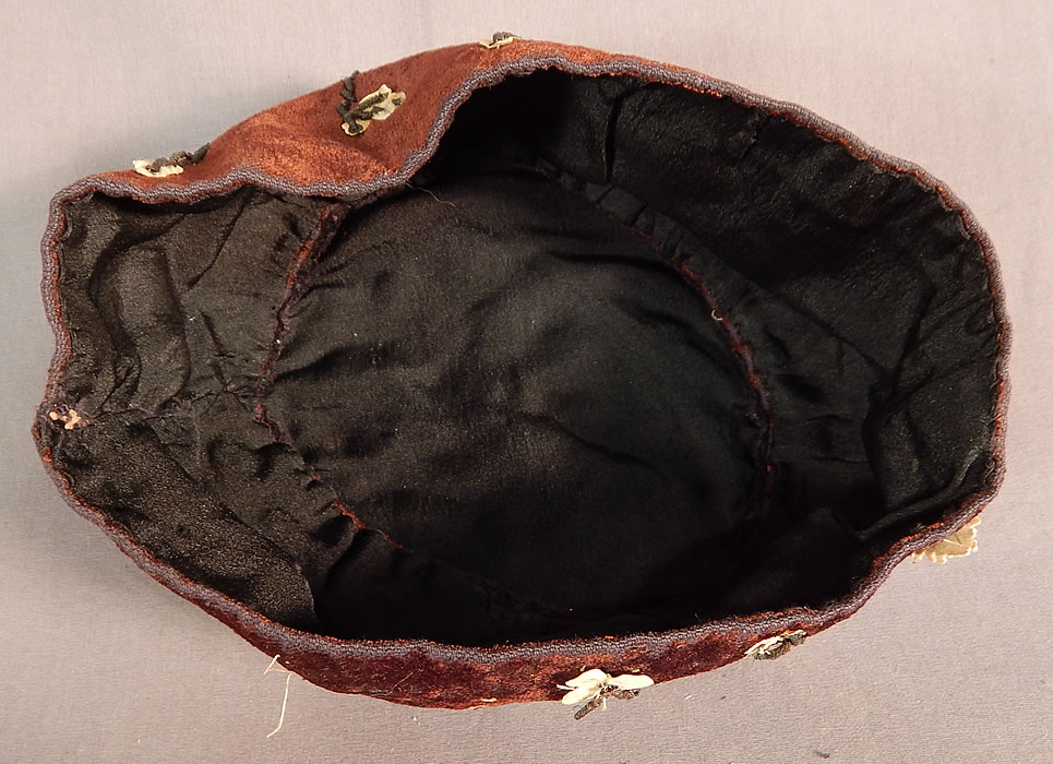 Victorian Gold Bullion Embroidered Brown Velvet Gentlemens Smoking Cap
The cap has been relined in a black silk rayon fabric inside. 
