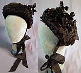 Victorian Black Woven Straw Lace Net Flowers Full Mourning Bonnet Hat 
