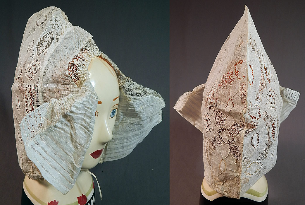 Vintage Antique Womens White Lace Dutch Folk Costume Bonnet Cap Hat
This traditional regional ethnic European Dutch folk costume cap bonnet has a triangle shape with winged flaps that turn up on either side, an adjustable drawstring tie chin strap and is sheer, unlined.