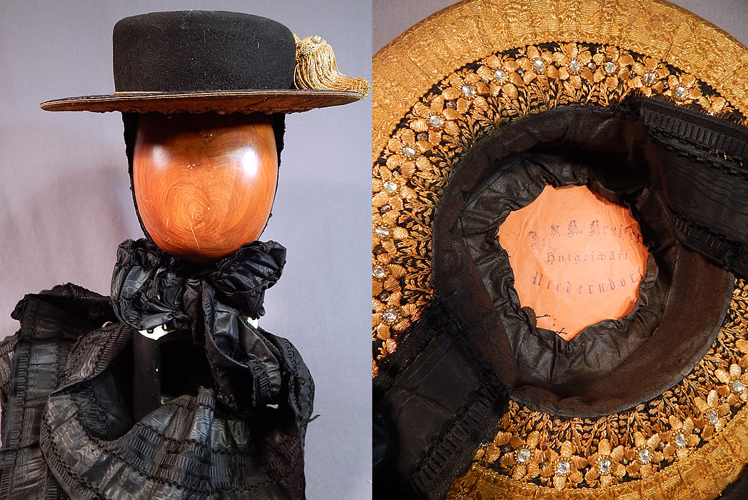 Antique Gold Bullion Embroidered Tracht Bavarian German Austrian Folk Costume Hat
This early European tracht traditional Bavarian, German, Austrian folk costume hat has a wide brim boater style with a low round crown and is fully lined.