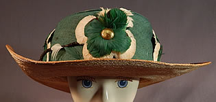 Vintage M. H. Loach Natural Straw Green Ribbon Feather Rosette Wide Brim Hat
